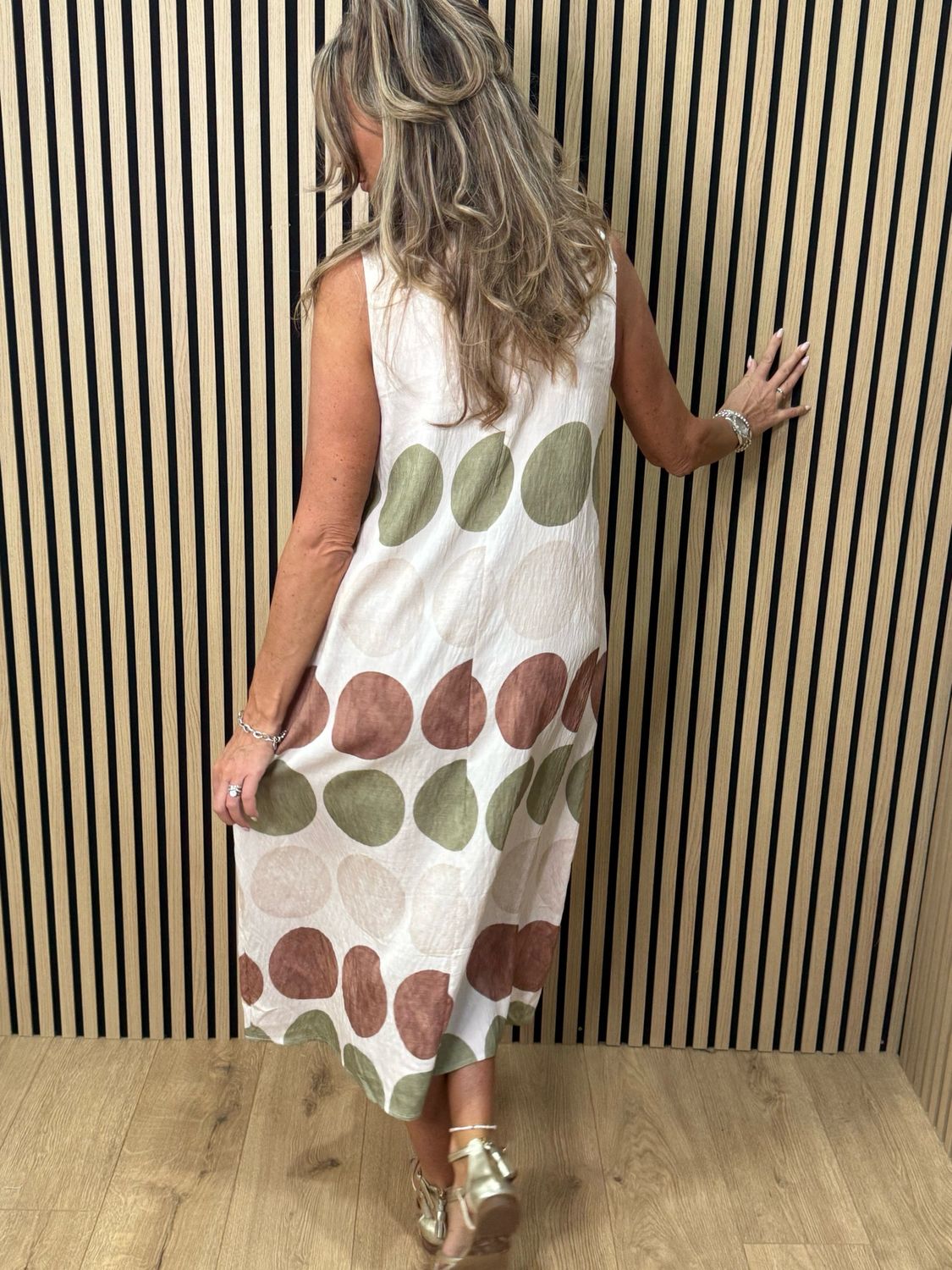 Spot Print Midi Dress - Stone/Khaki/Taupe