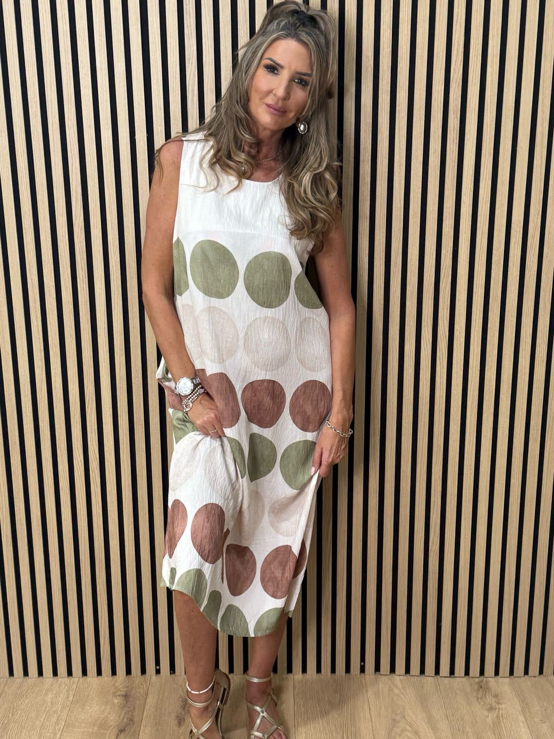 Spot Print Midi Dress - Stone/Khaki/Taupe