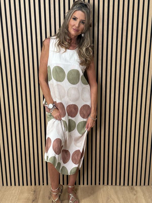 Spot Print Midi Dress - Stone/Khaki/Taupe