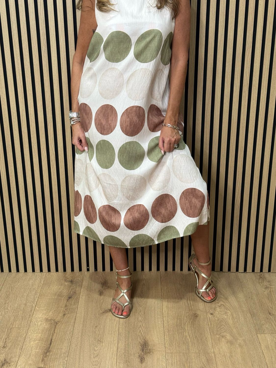 Spot Print Midi Dress - Stone/Khaki/Taupe