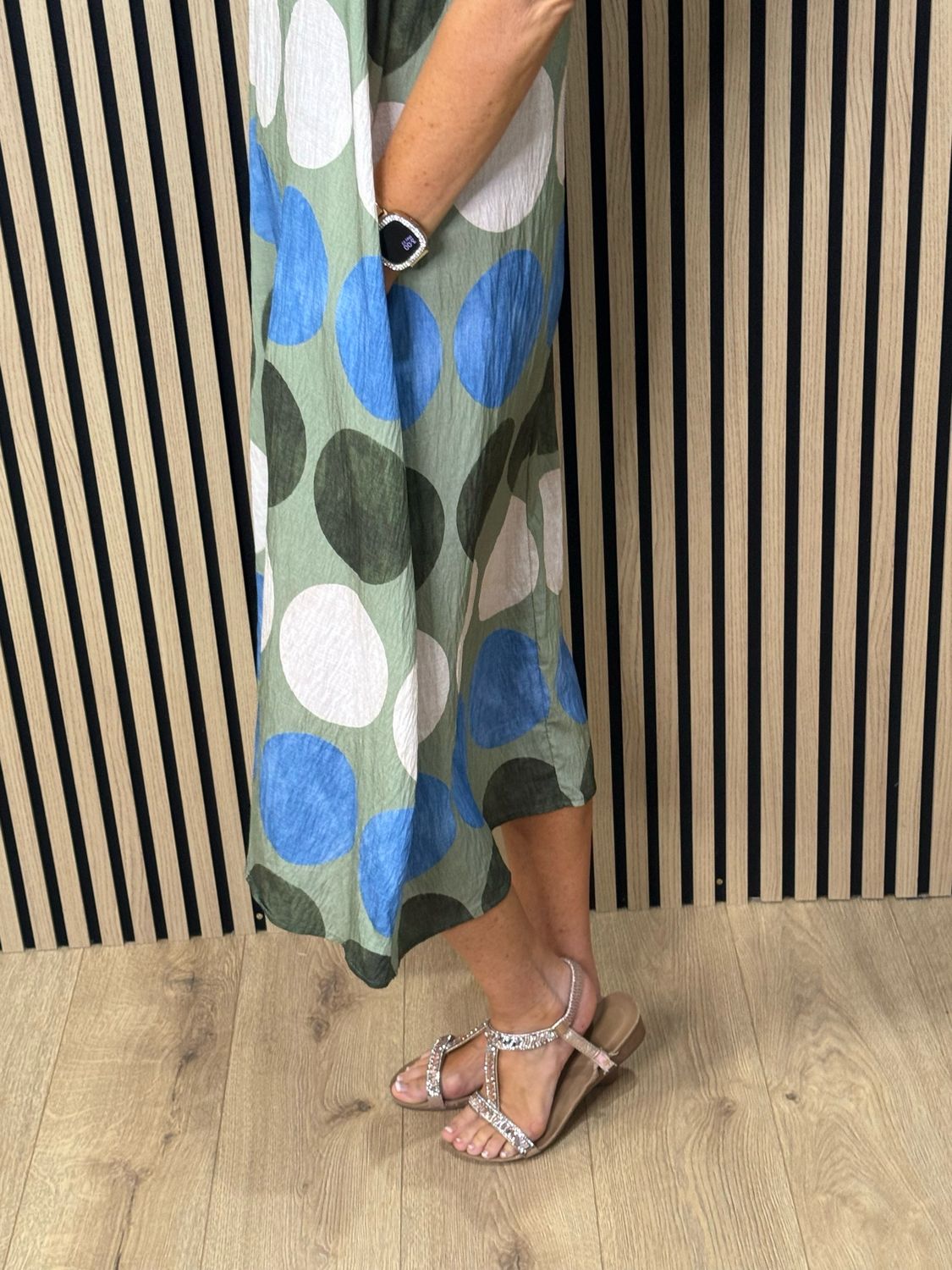Spot Print Midi Dress - Khaki/Taupe/Blue