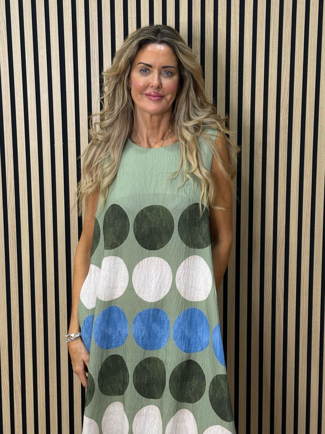 Spot Print Midi Dress - Khaki/Taupe/Blue