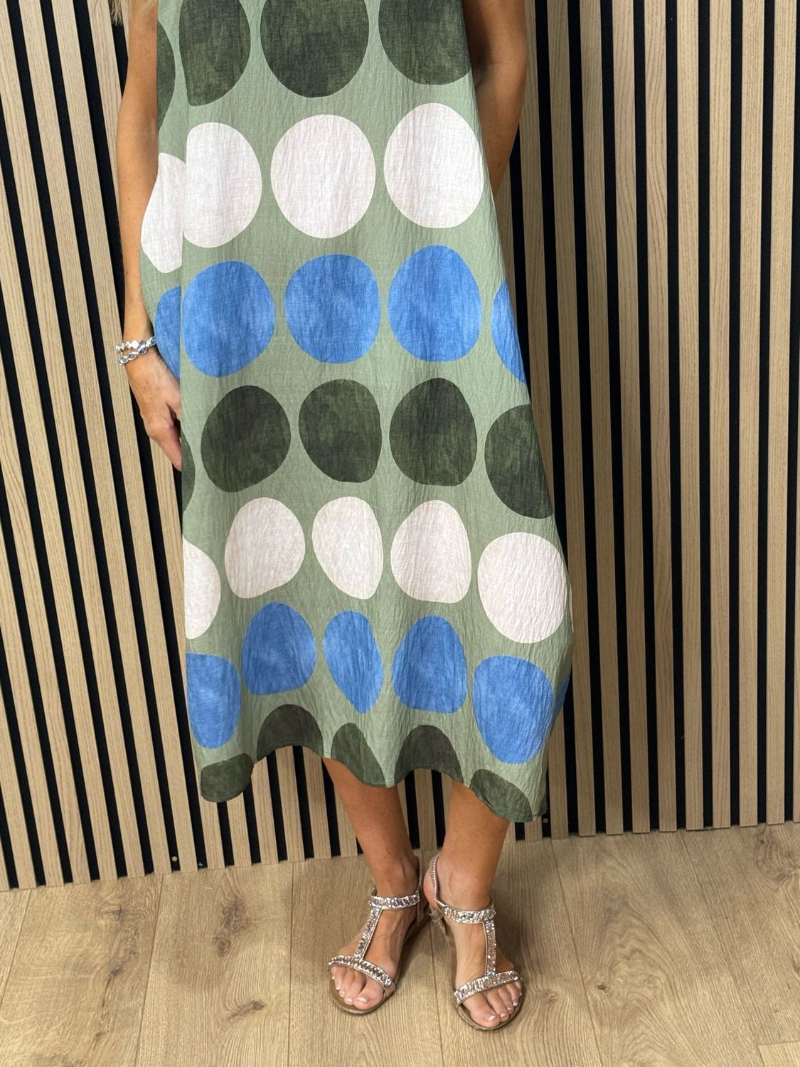 Spot Print Midi Dress - Khaki/Taupe/Blue