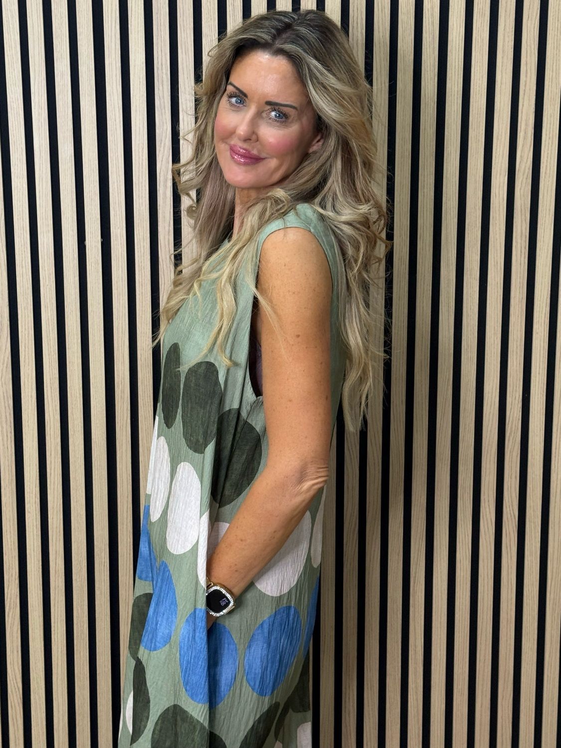 Spot Print Midi Dress - Khaki/Taupe/Blue