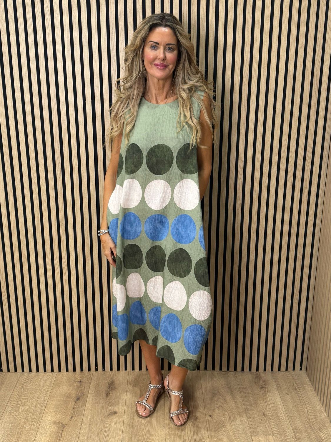 Spot Print Midi Dress - Khaki/Taupe/Blue
