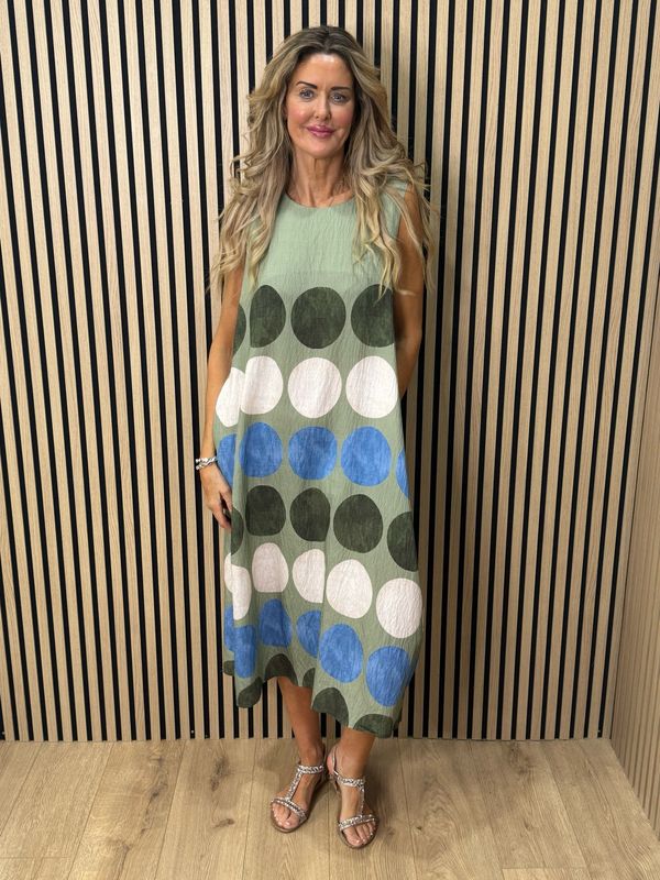 Spot Print Midi Dress - Khaki/Taupe/Blue