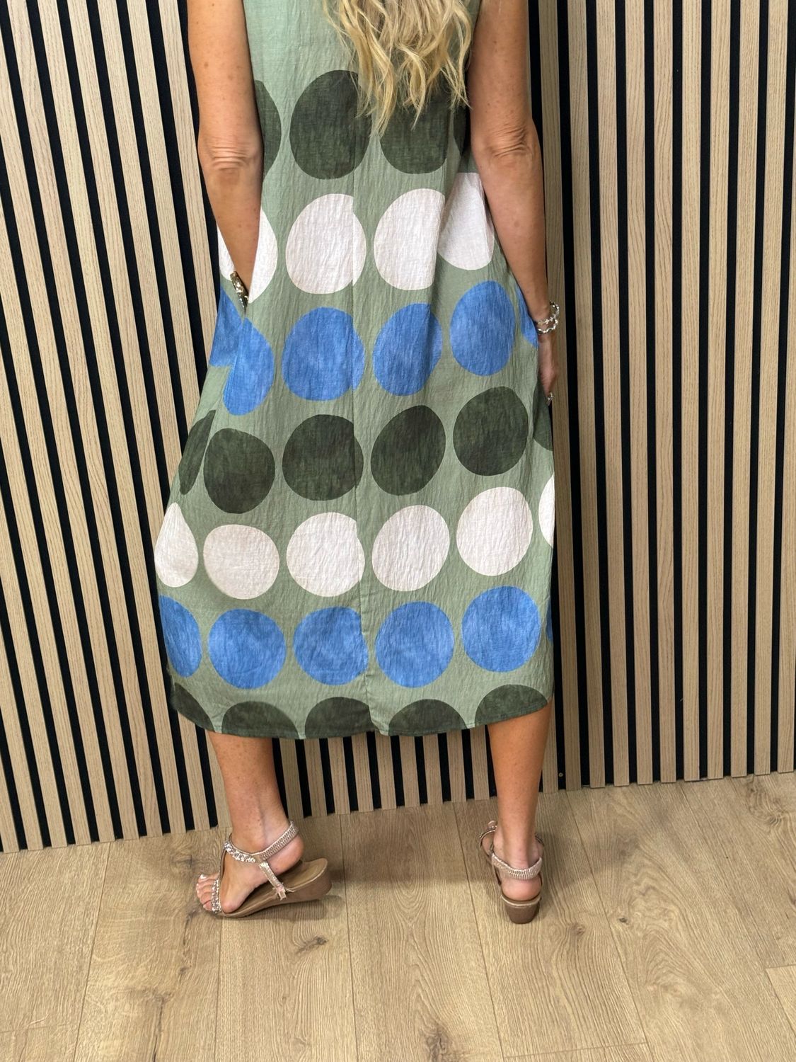 Spot Print Midi Dress - Khaki/Taupe/Blue