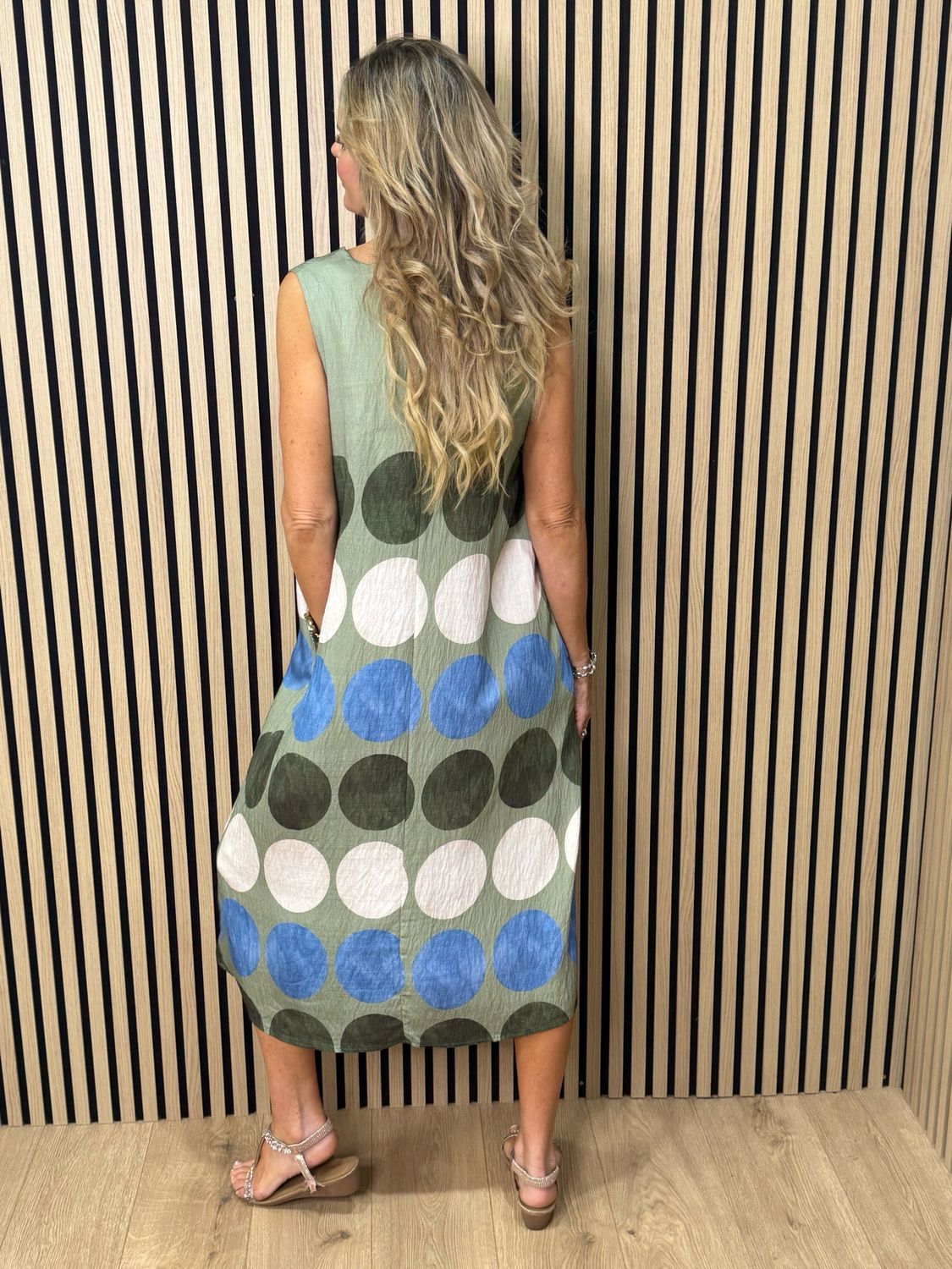 Spot Print Midi Dress - Khaki/Taupe/Blue