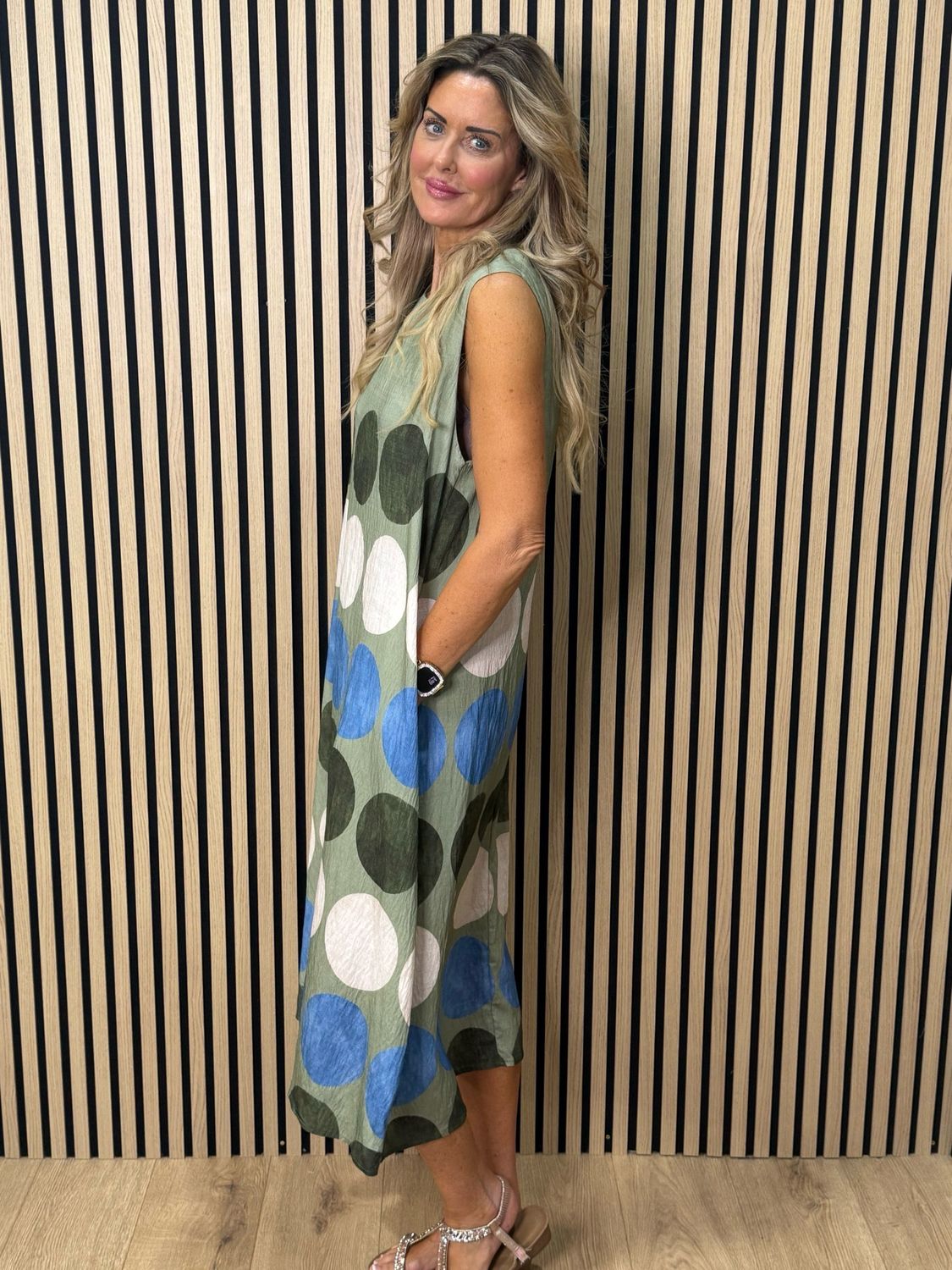 Spot Print Midi Dress - Khaki/Taupe/Blue