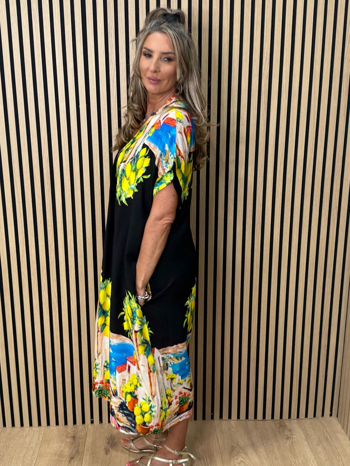 Lemon Print Midi Dress - Black