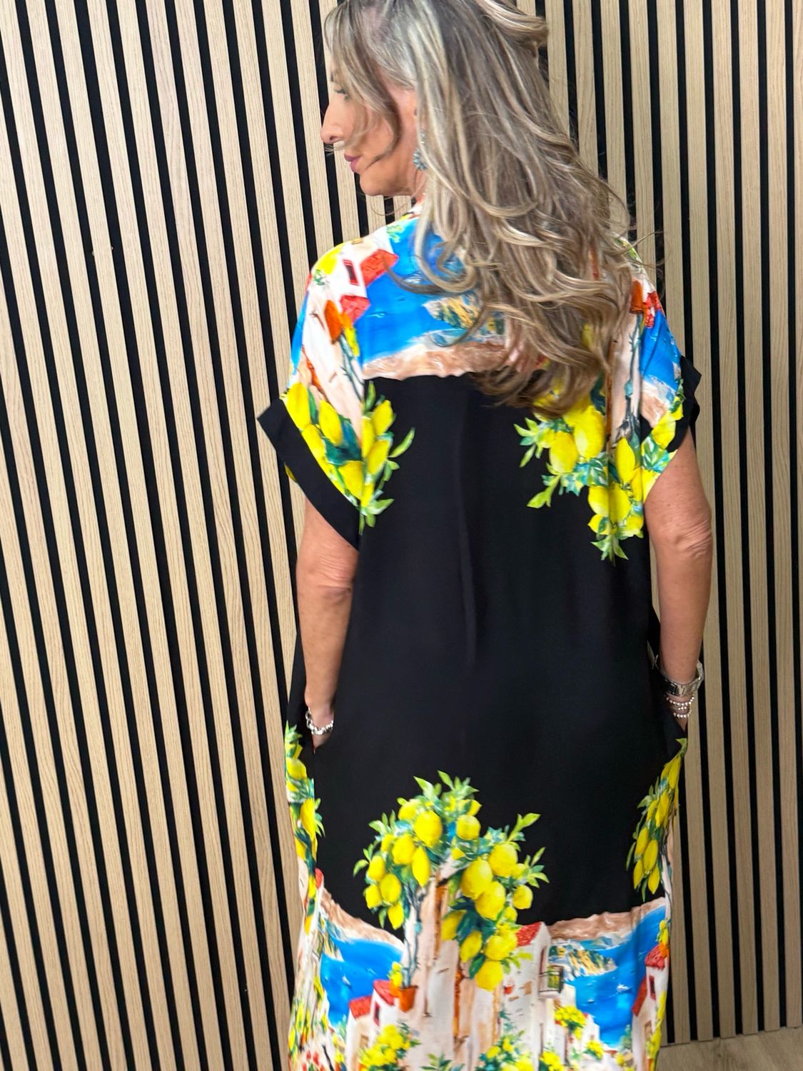 Lemon Print Midi Dress - Black