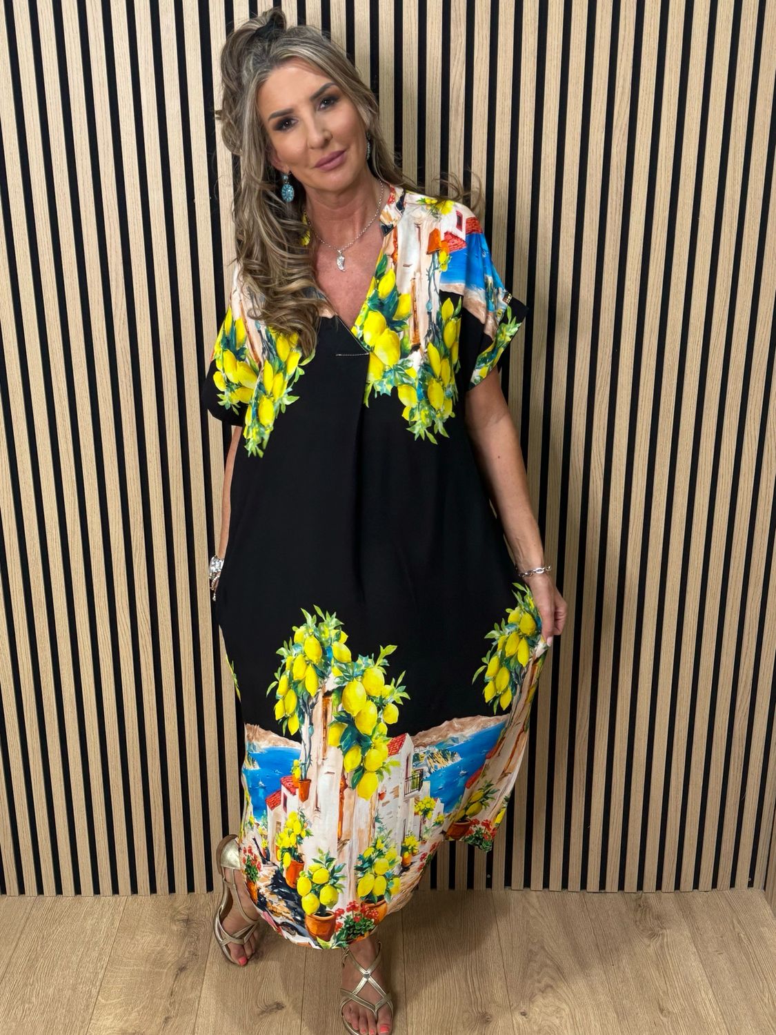 Lemon Print Midi Dress - Black