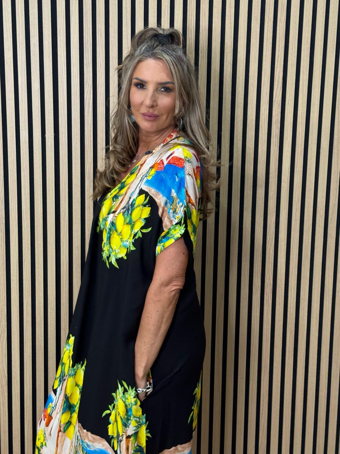 Lemon Print Midi Dress - Black