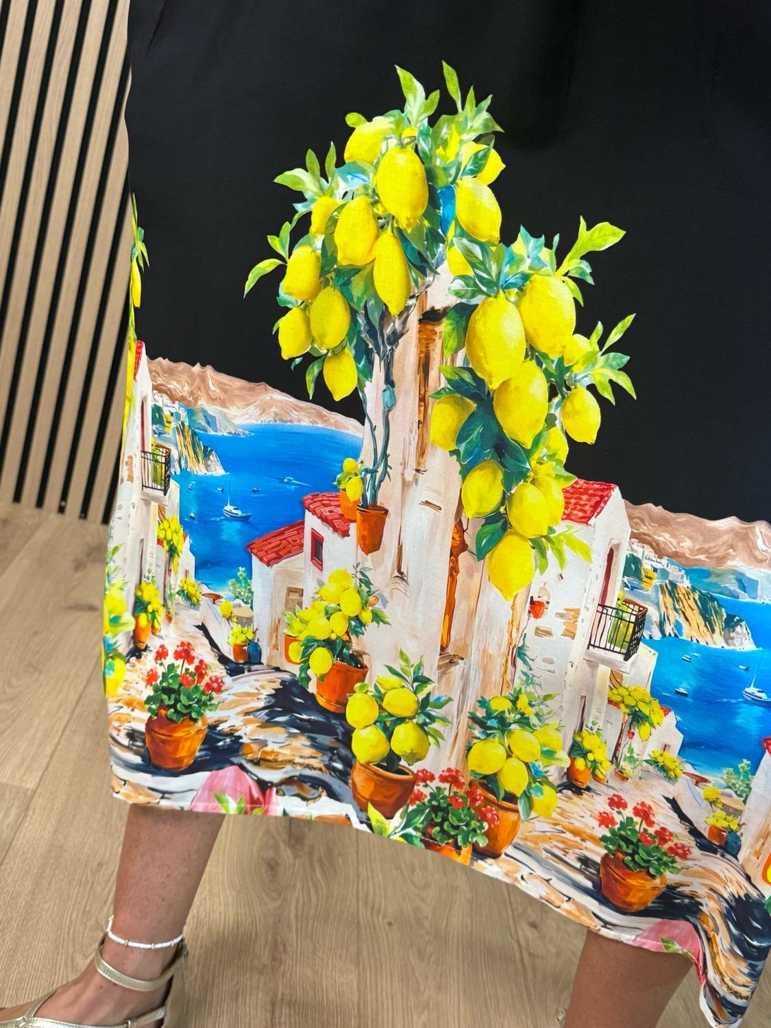 Lemon Print Midi Dress - Black