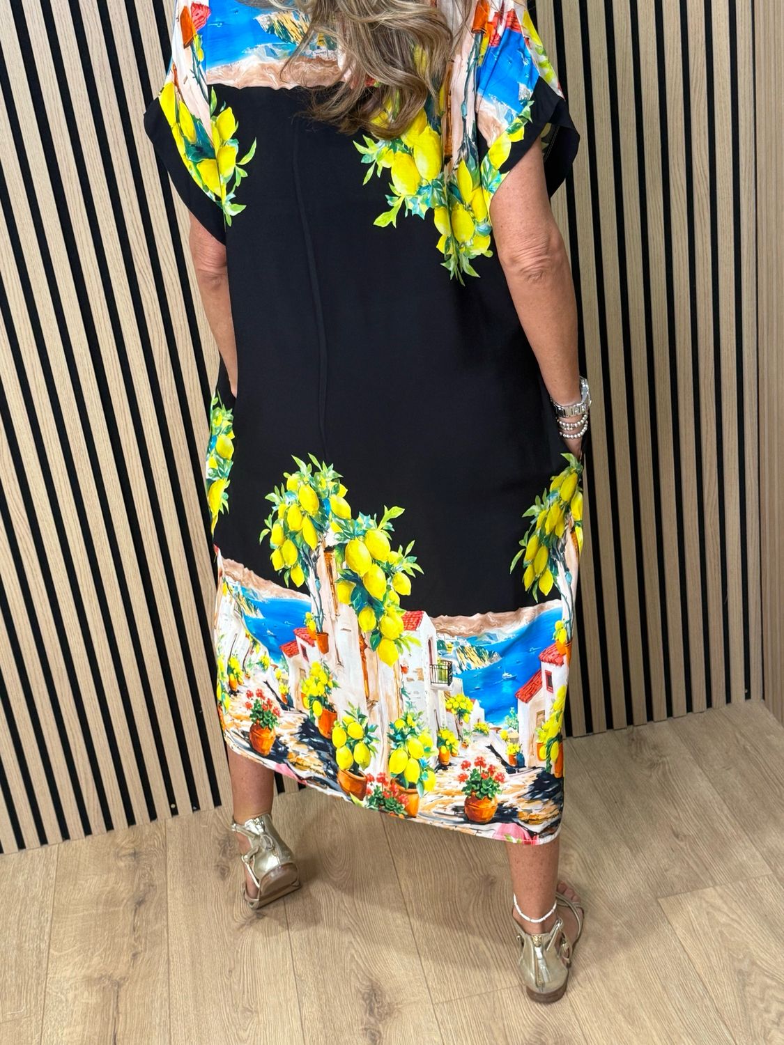Lemon Print Midi Dress - Black