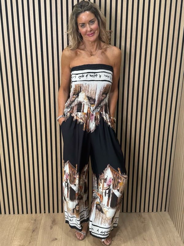 Printed Silk Blend Jumpsuit - Black