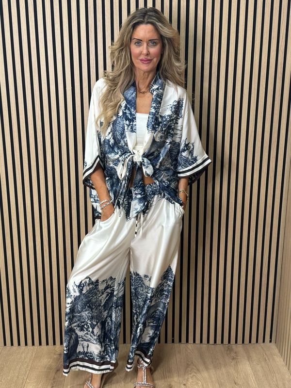 Printed Satin Co-Ord Set - Navy