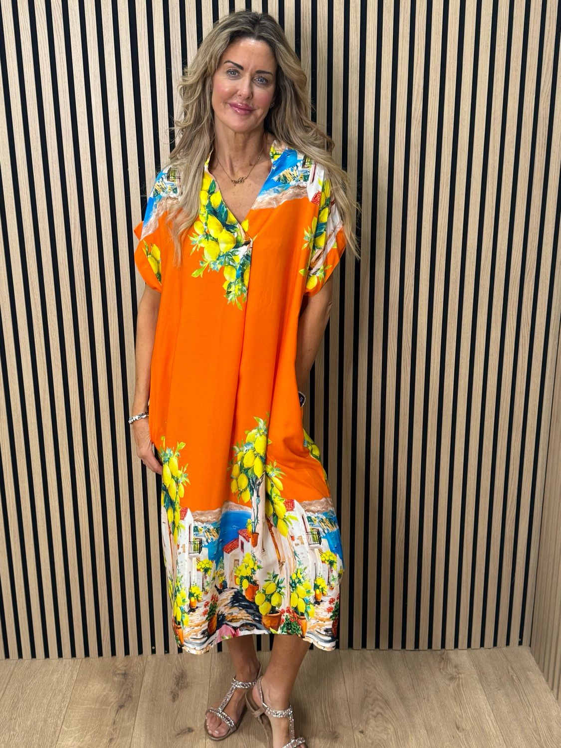 Lemon Print Midi Dress - Orange