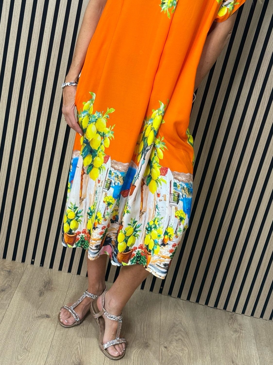 Lemon Print Midi Dress - Orange