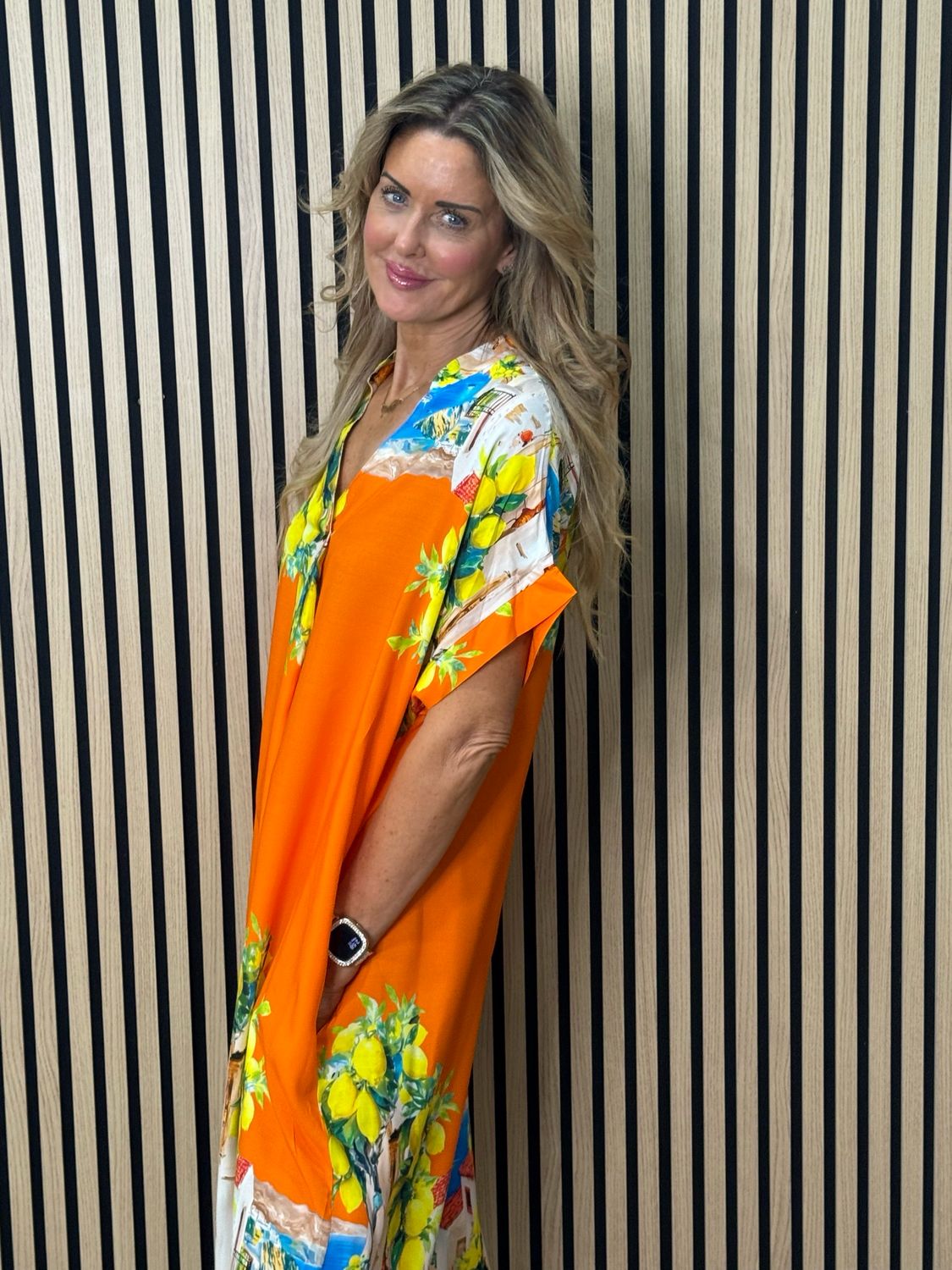 Lemon Print Midi Dress - Orange
