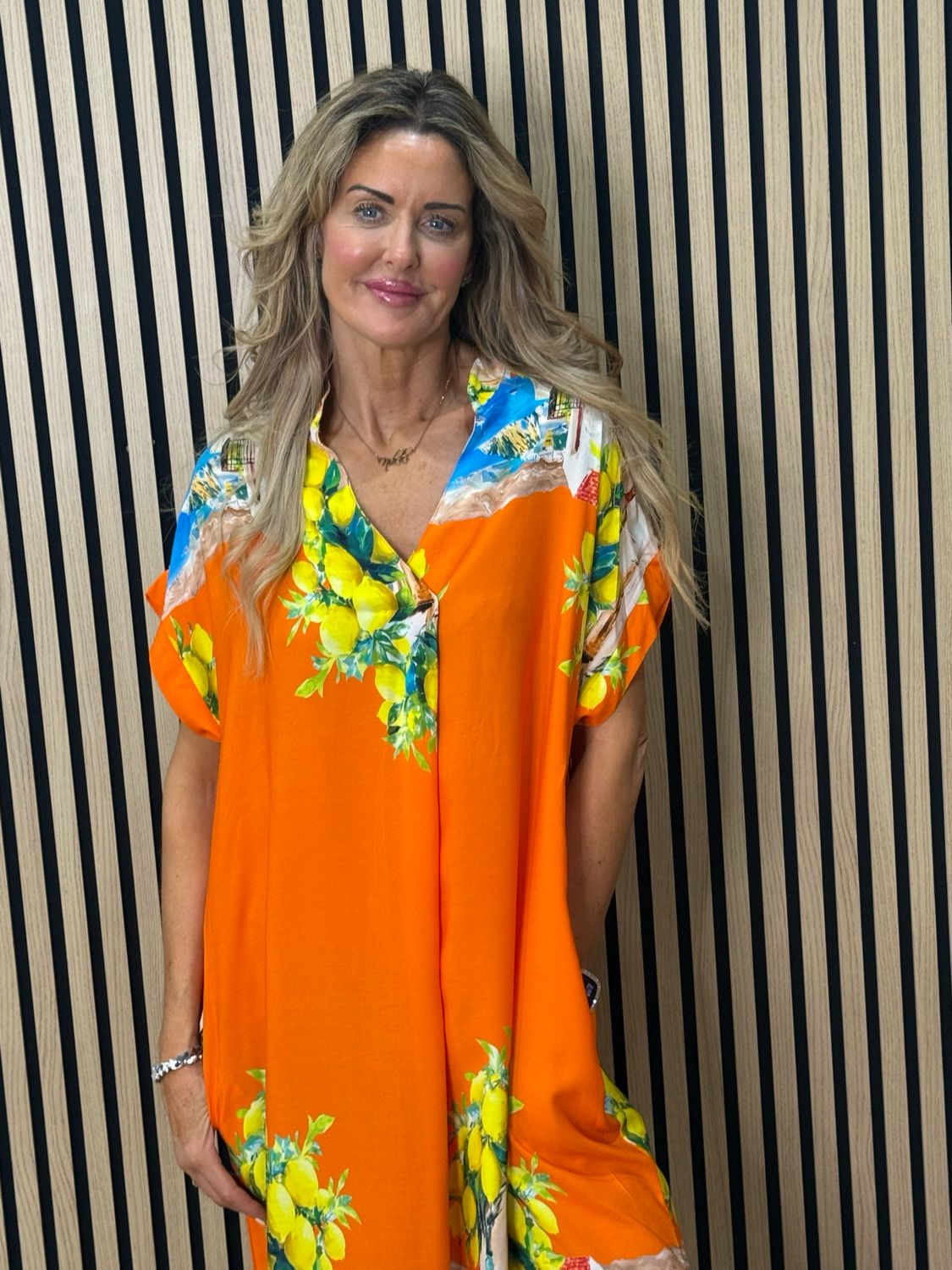 Lemon Print Midi Dress - Orange