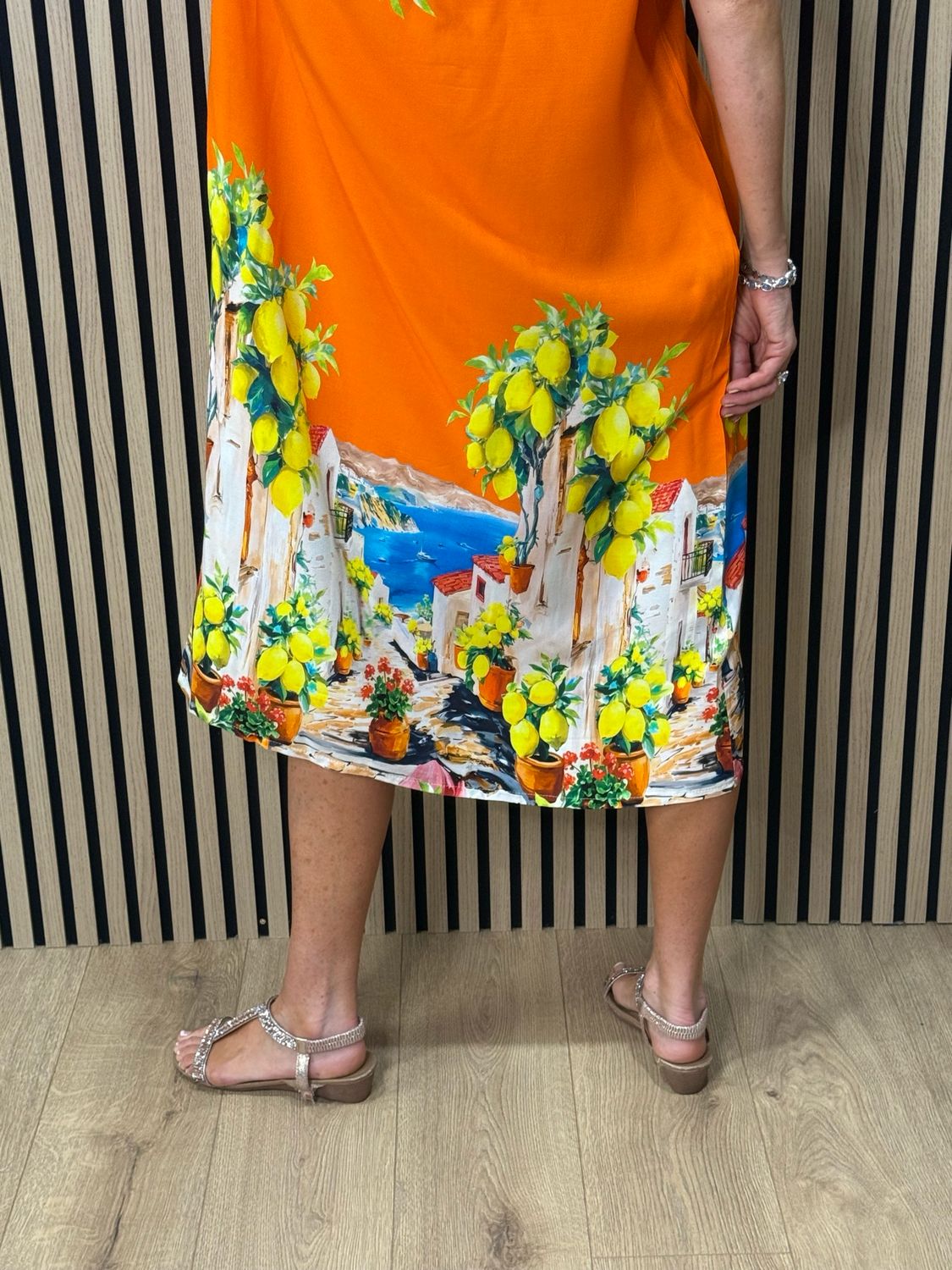 Lemon Print Midi Dress - Orange