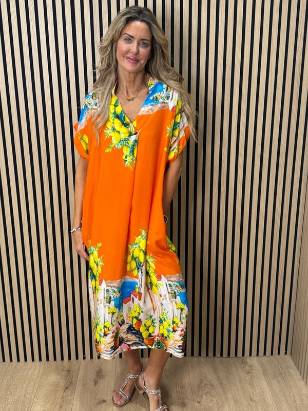 Lemon Print Midi Dress - Orange