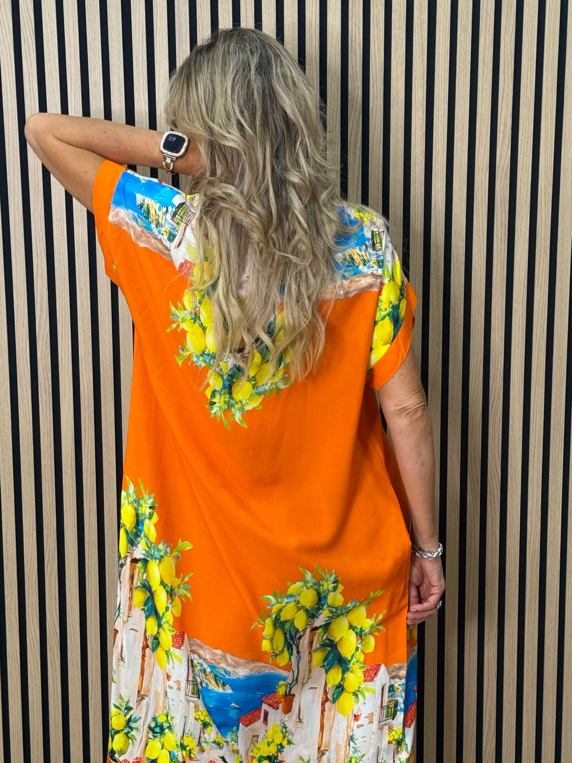 Lemon Print Midi Dress - Orange