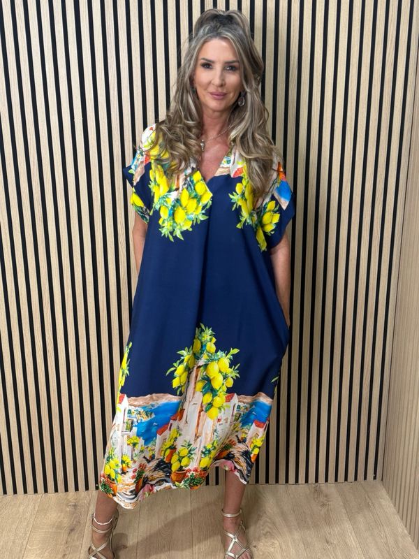 Lemon Print Midi Dress - Navy
