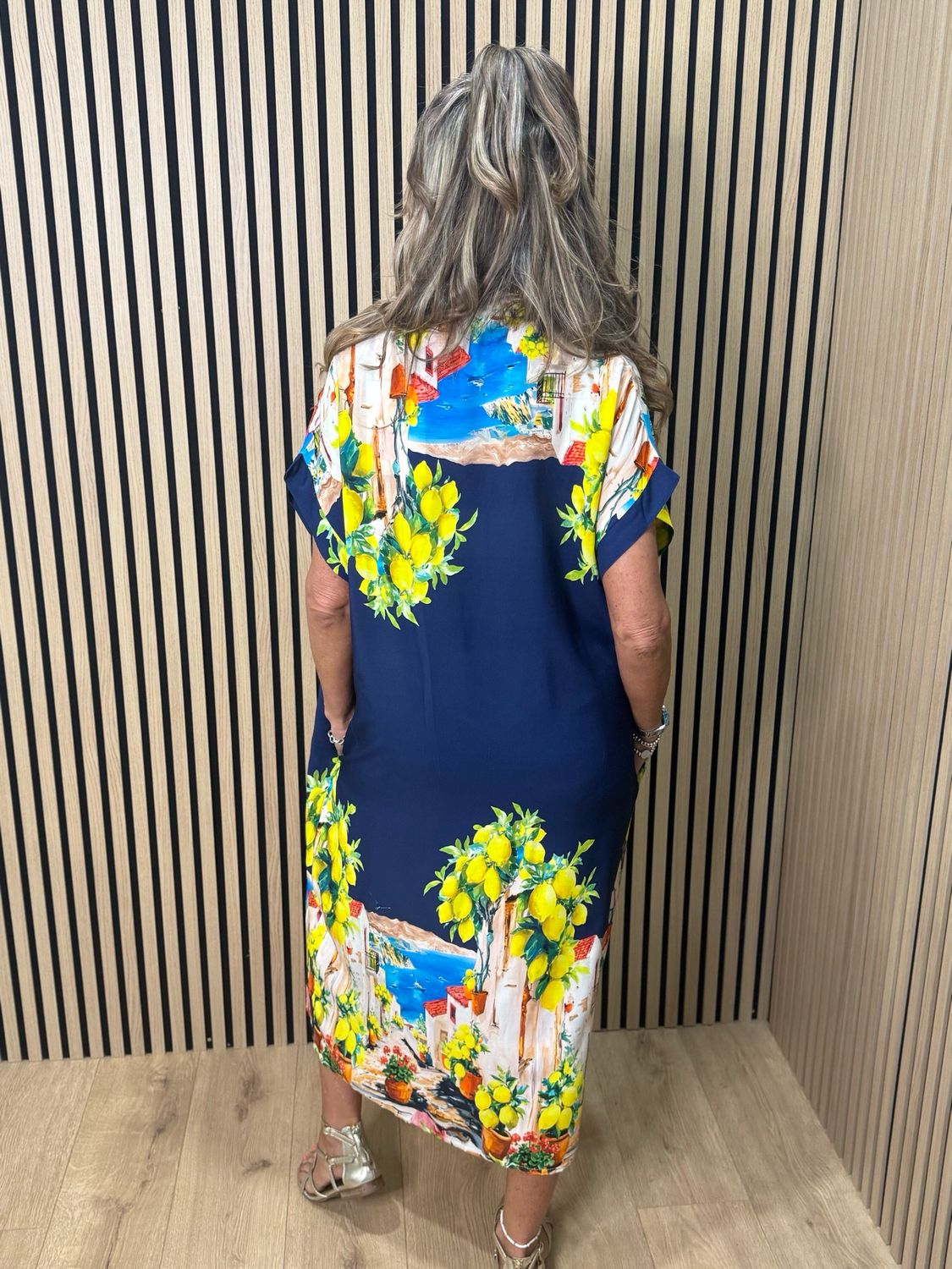 Lemon Print Midi Dress - Navy