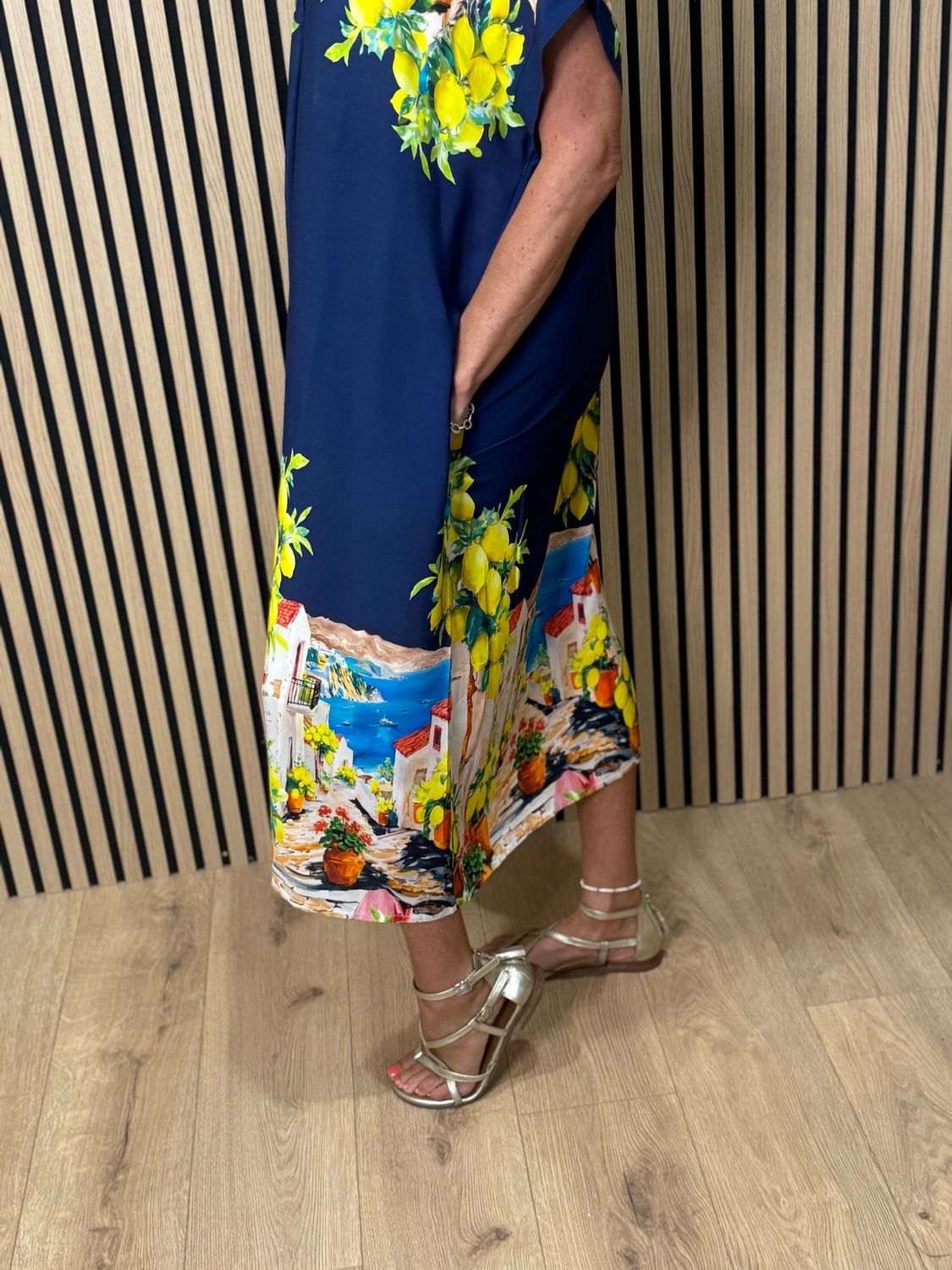 Lemon Print Midi Dress - Navy