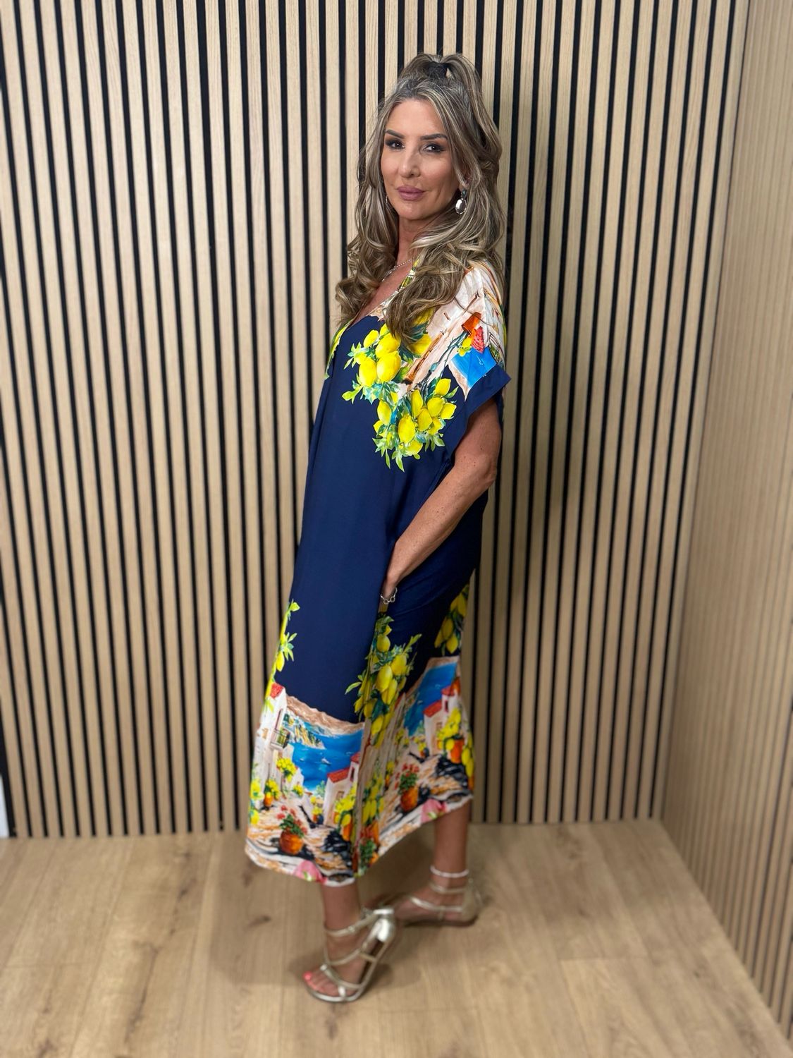 Lemon Print Midi Dress - Navy
