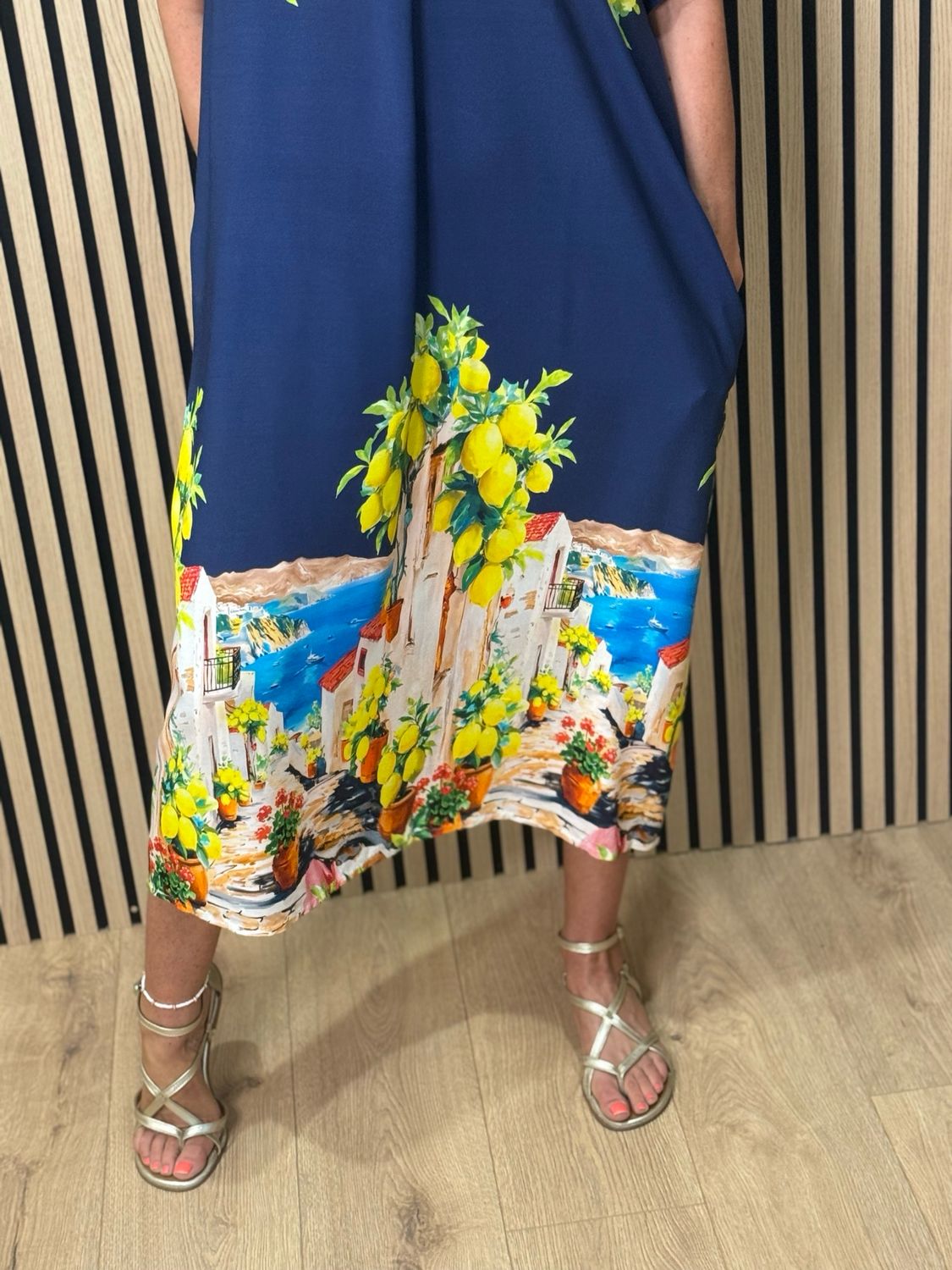 Lemon Print Midi Dress - Navy