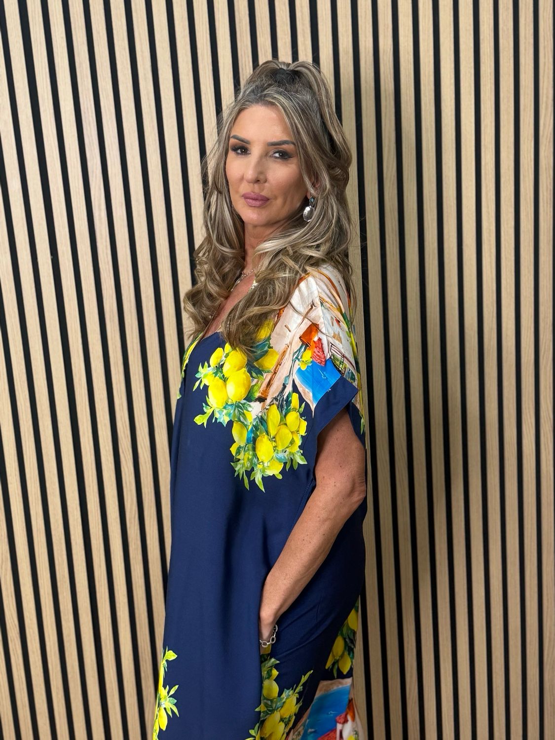 Lemon Print Midi Dress - Navy