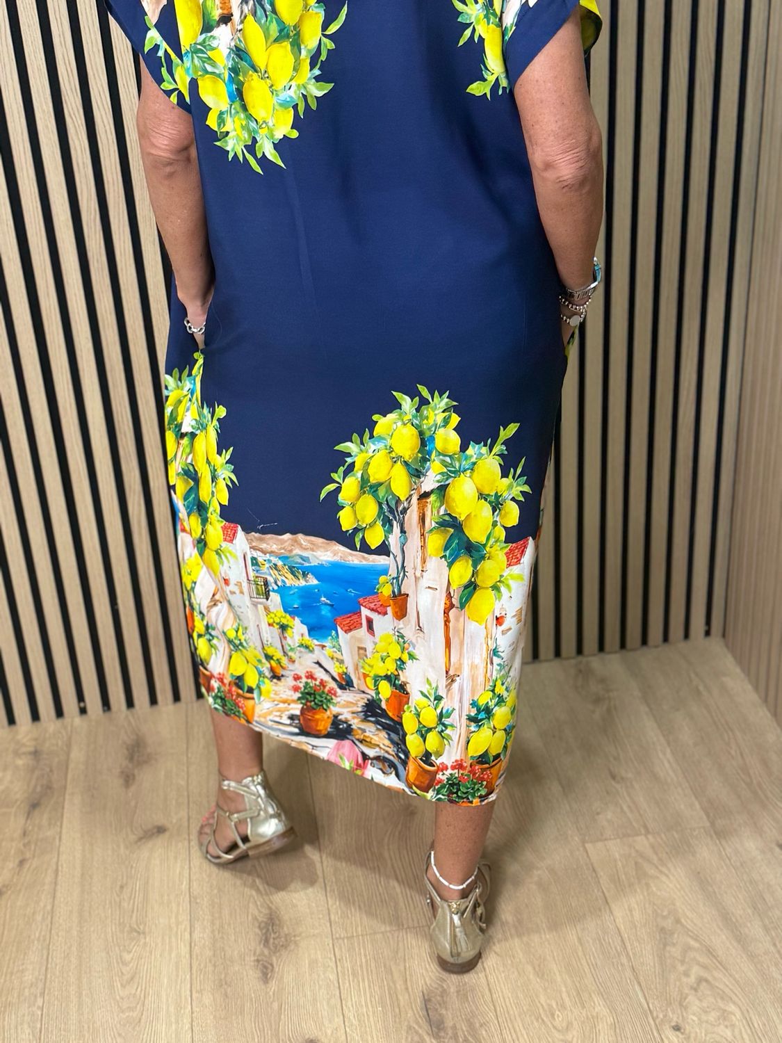 Lemon Print Midi Dress - Navy