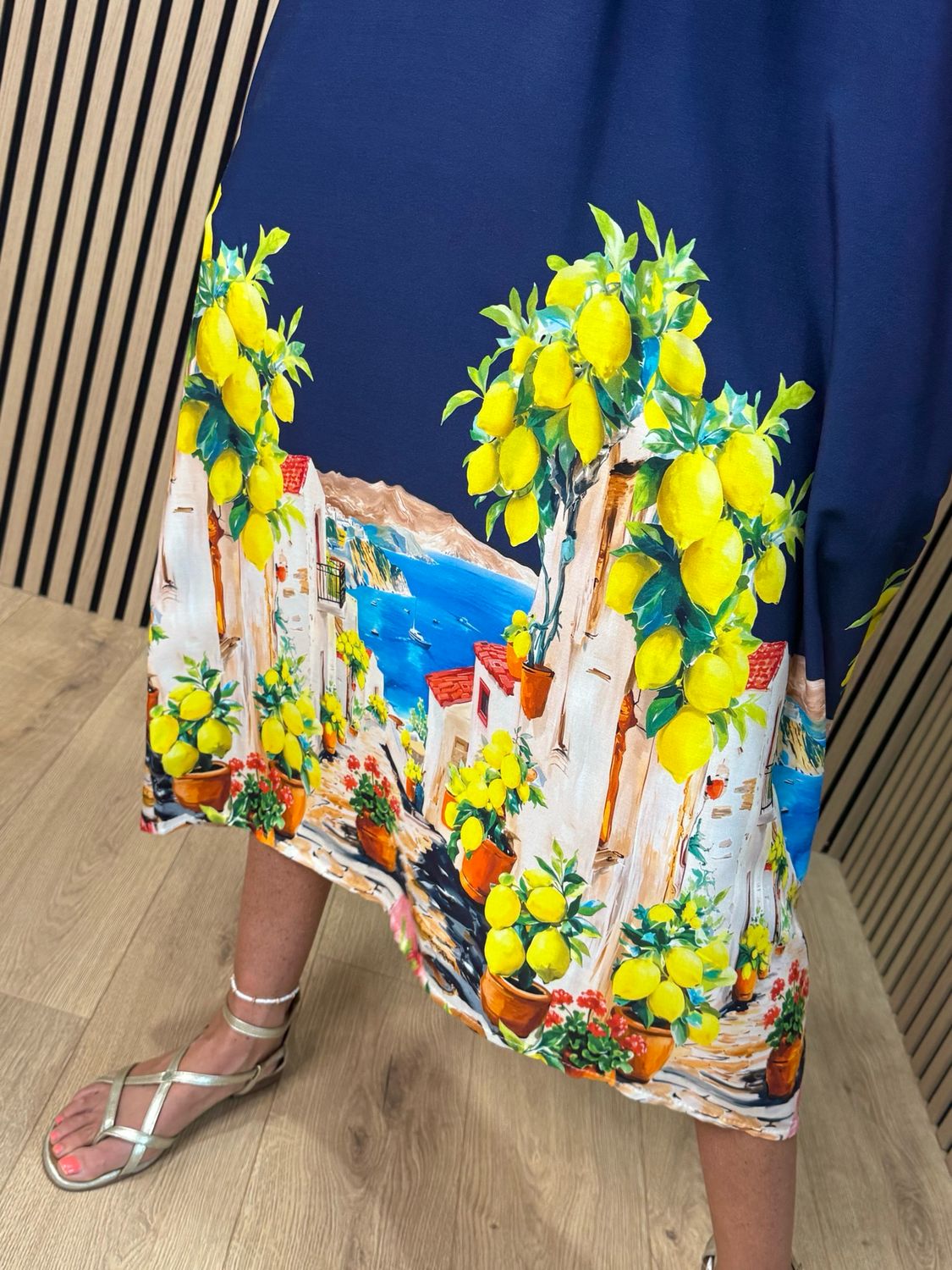 Lemon Print Midi Dress - Navy
