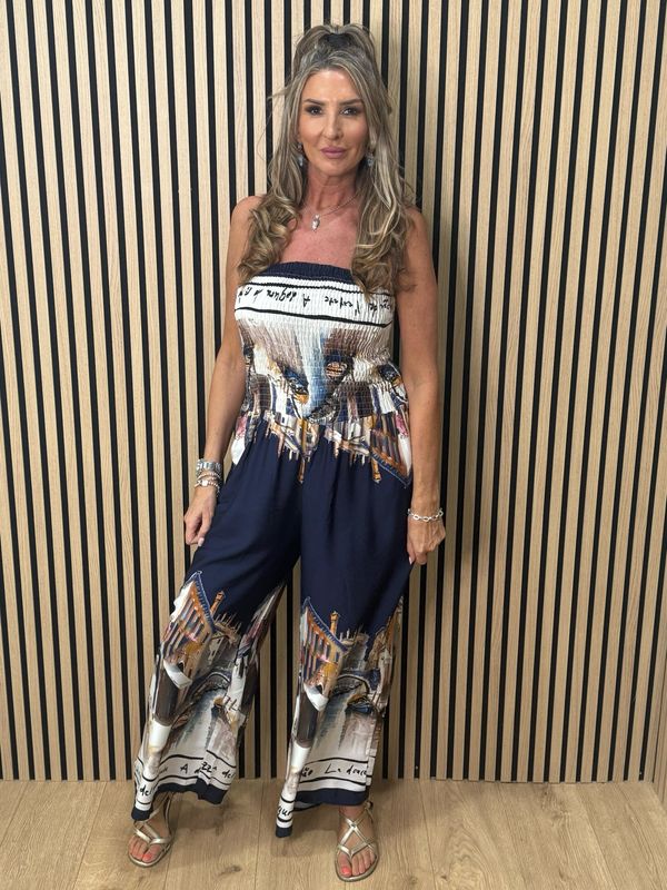 Printed Silk Blend Jumpsuit - Navy