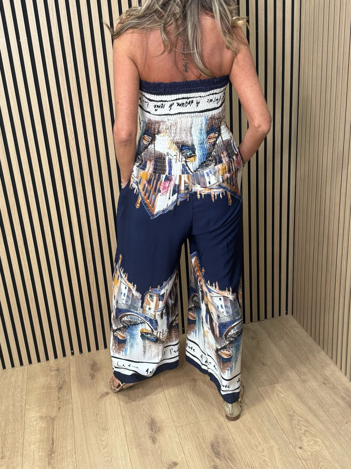 Printed Silk Blend Jumpsuit - Navy