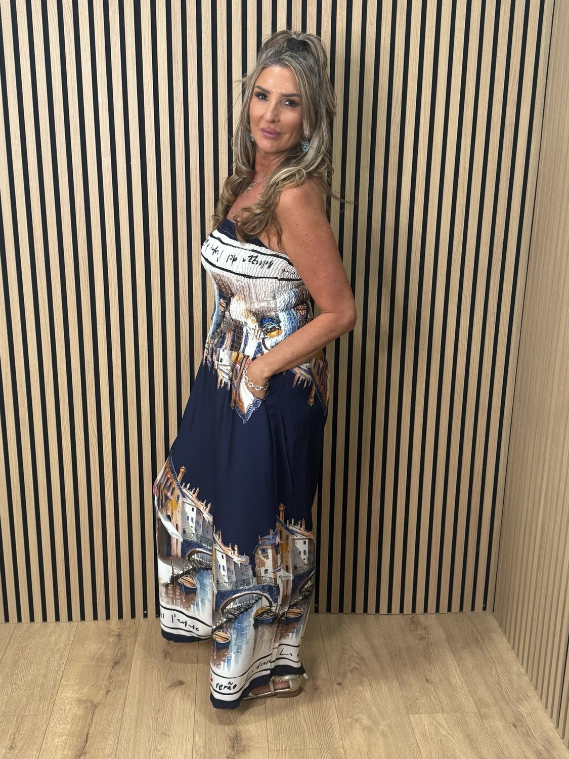 Printed Silk Blend Jumpsuit - Navy