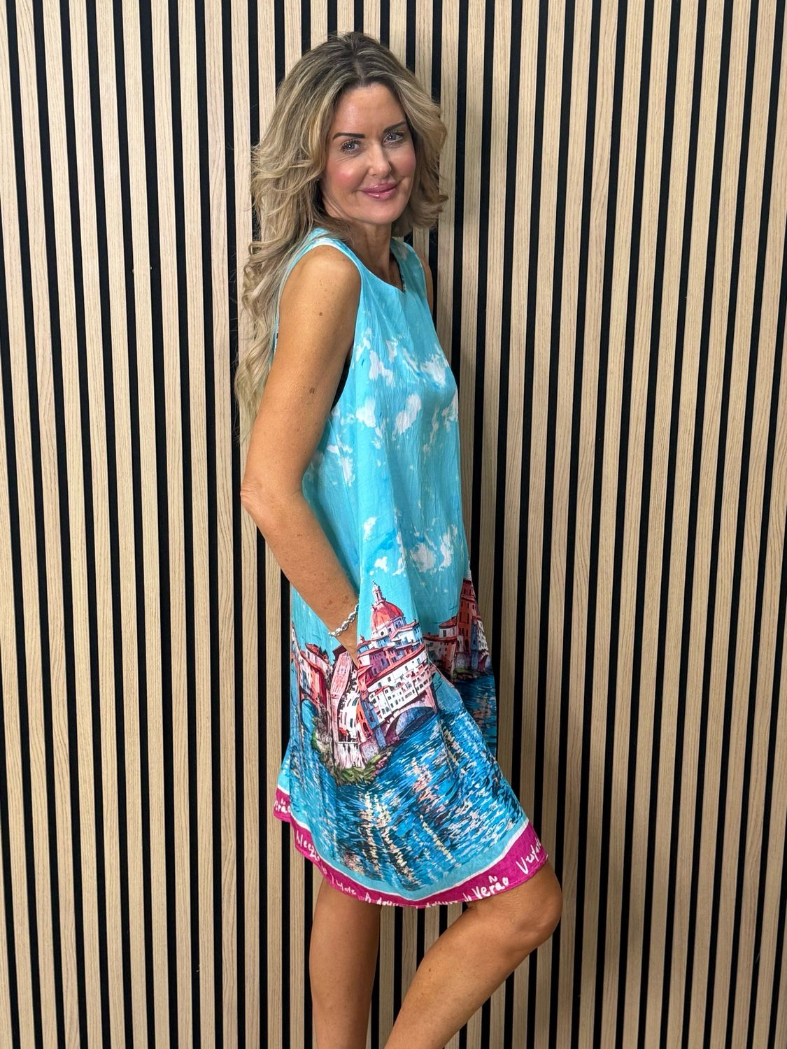 Cityscape Print Dress - Aqua