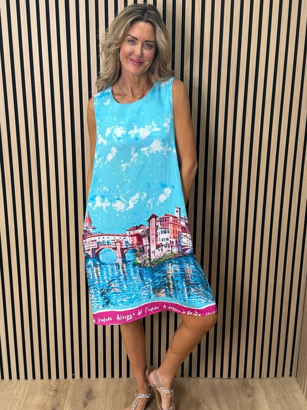 Cityscape Print Dress - Aqua