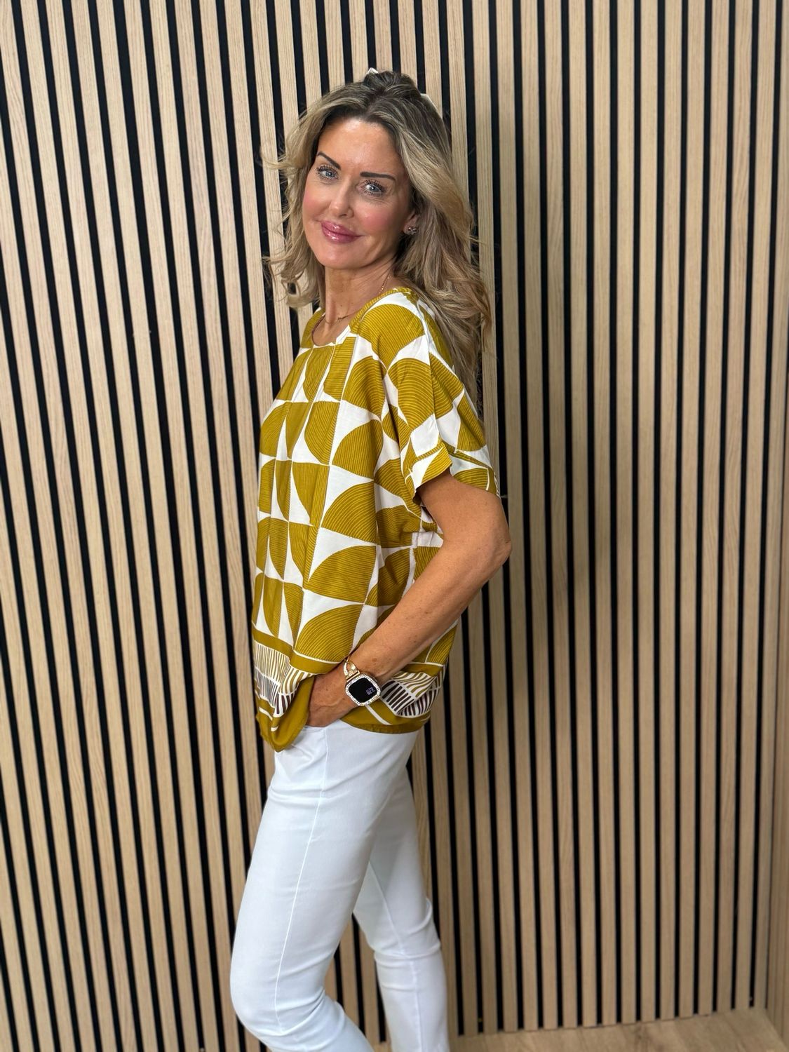 Geometric Print Oversized Top - Mustard