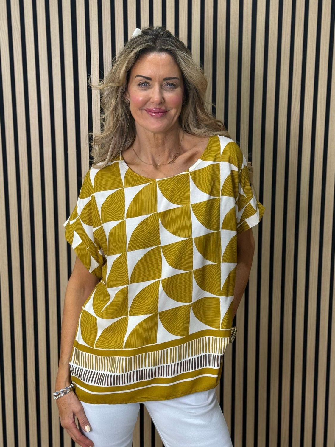 Geometric Print Oversized Top - Mustard