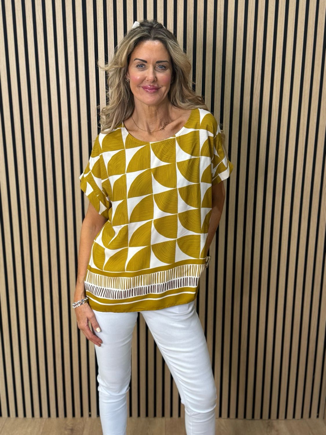 Geometric Print Oversized Top - Mustard
