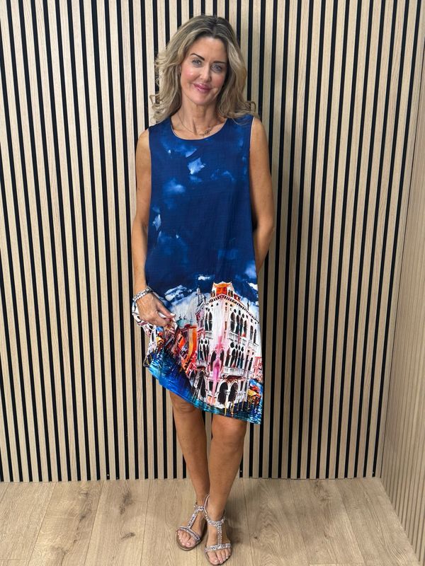 Cityscape Print Dress - Navy