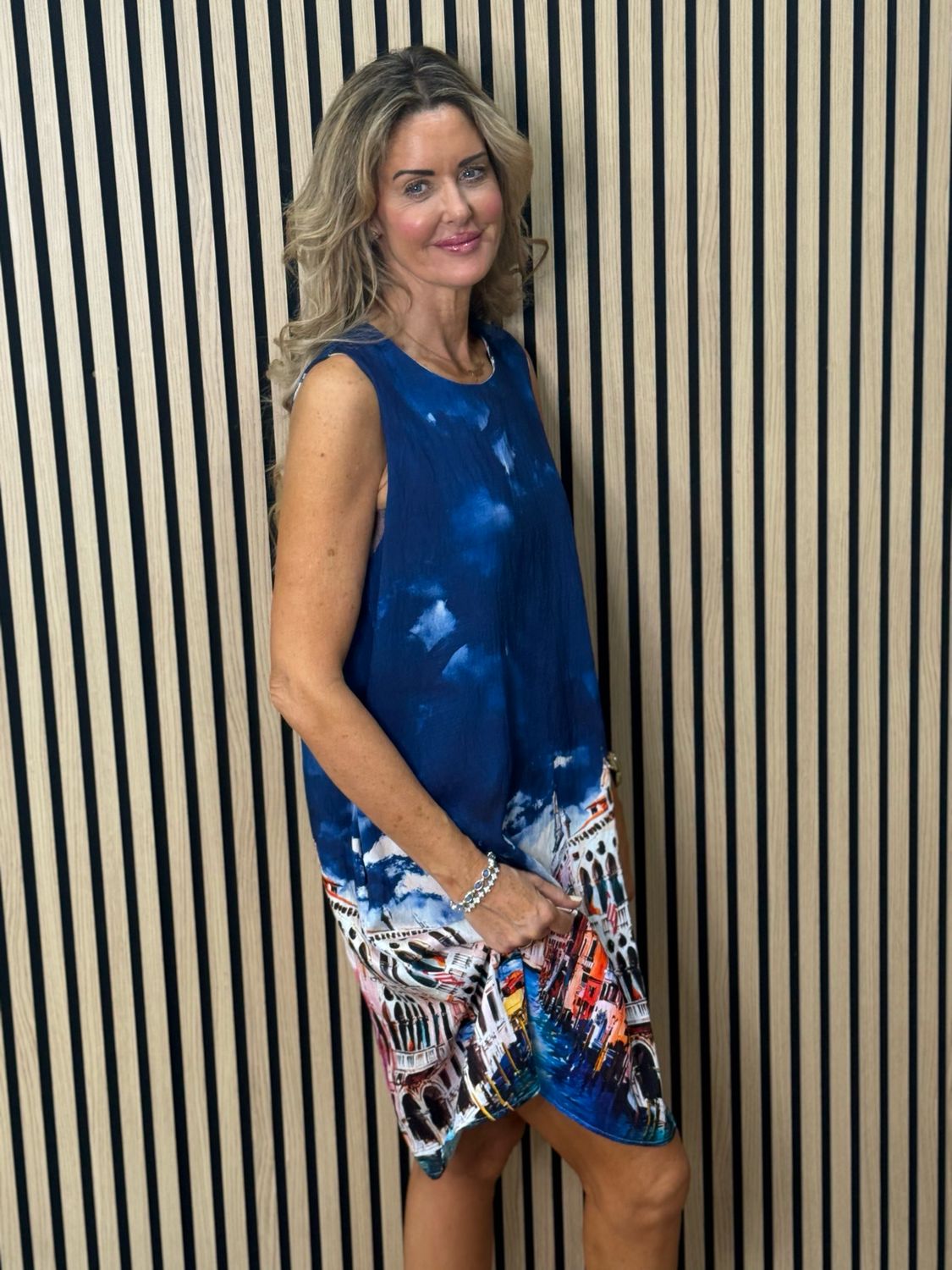 Cityscape Print Dress - Navy