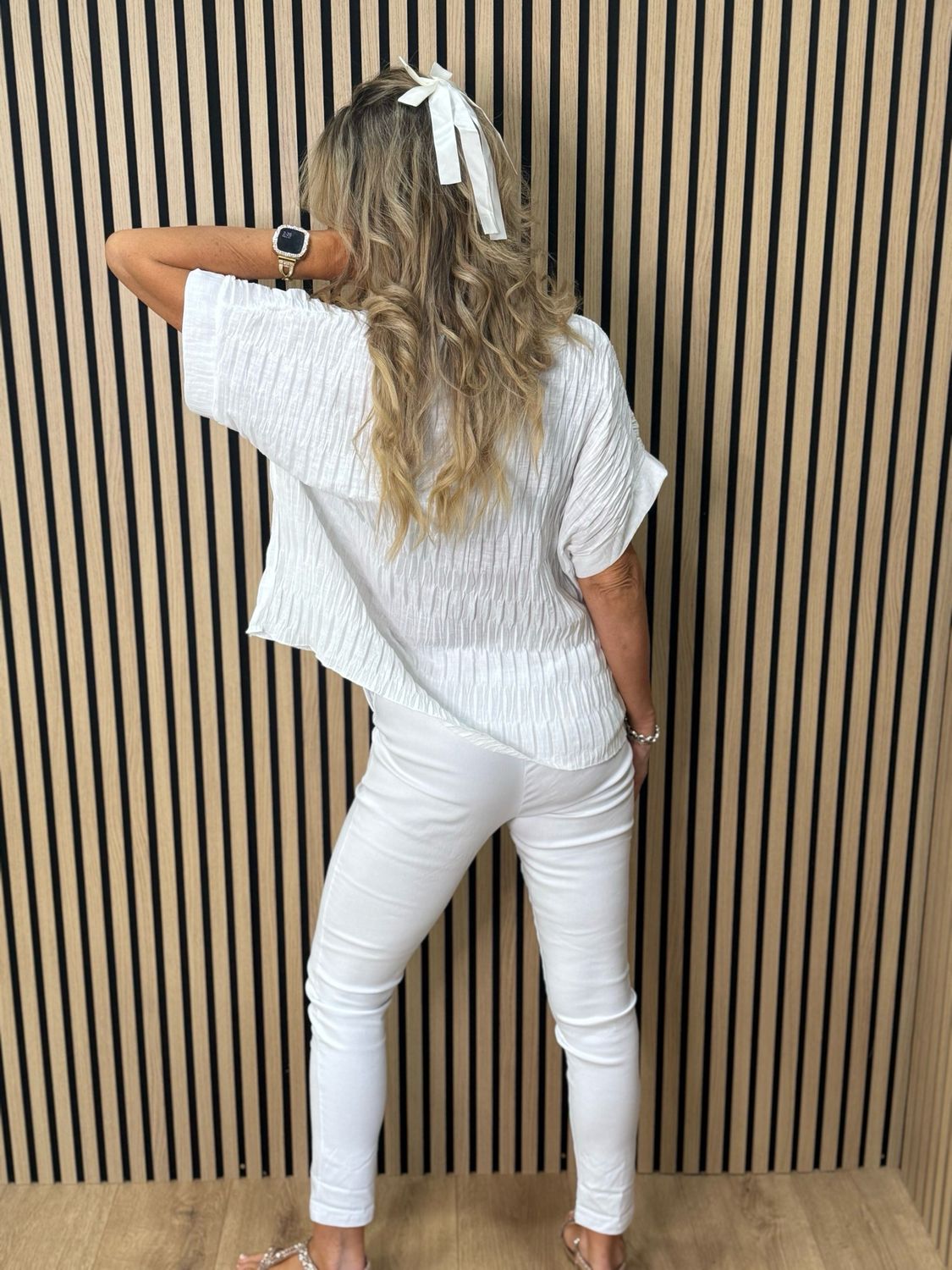 Textured Crinkle Oversized Top - White