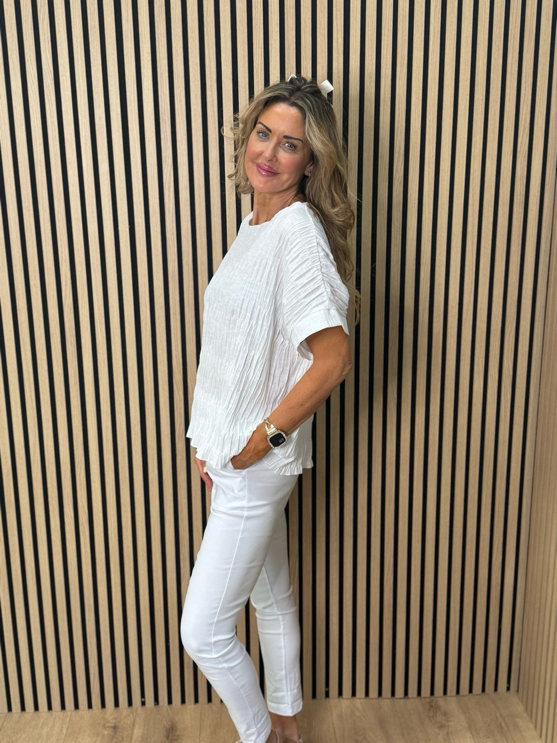 Textured Crinkle Oversized Top - White