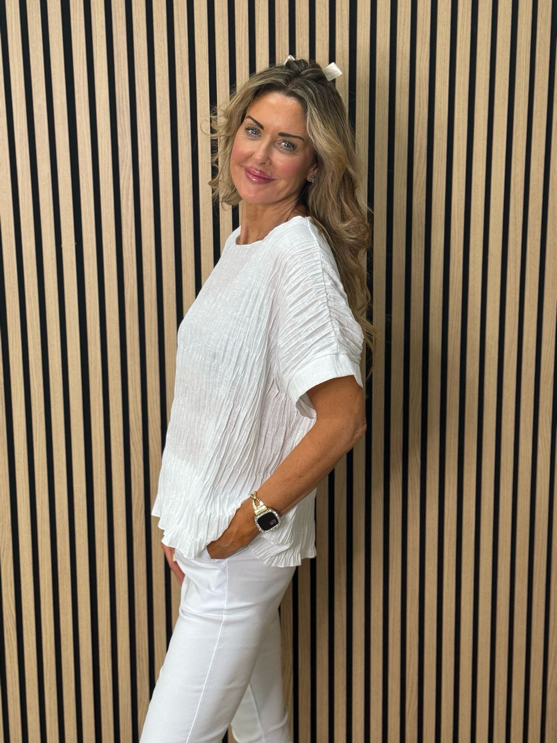 Textured Crinkle Oversized Top - White