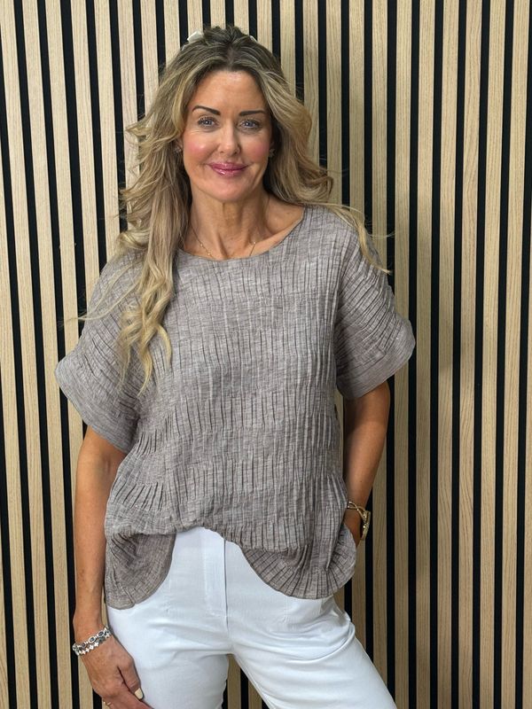 Textured Crinkle Oversized Top - Taupe
